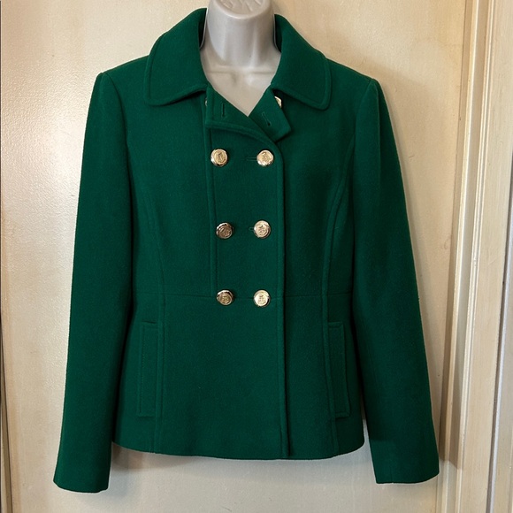 LOFT Emerald Green Double Breasted Pea Coat with Gold Buttons size 8 - Picture 1 of 10